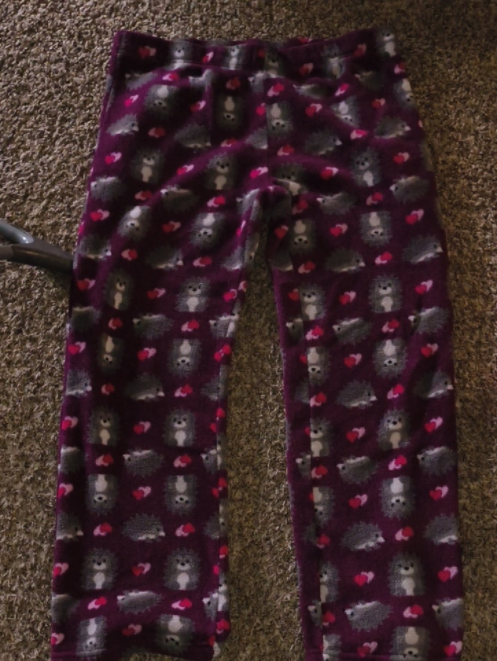 Purple Fleece Pajama Pants with Hedgehog & Heart Print